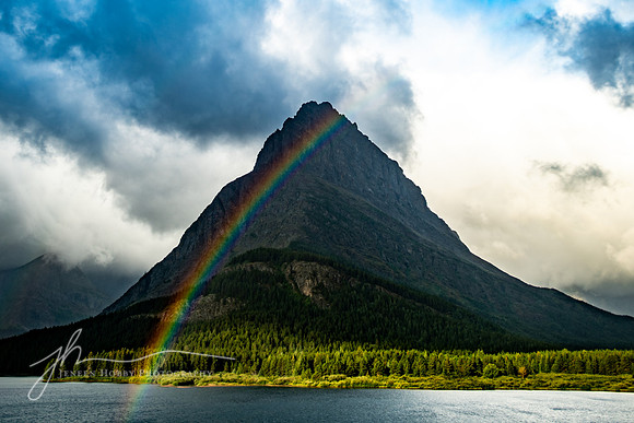 "New Day", Grinnell Point at Many Glacier, on Swiftcurrent Lake #2. Sunrise, with rainbow,  Glacier National Park, Montana