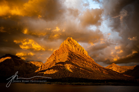 Grinnell Point at Many Glacier, on Swiftcurrent Lake #1. Sunrise with warm light, Glacier National Park, Montana
